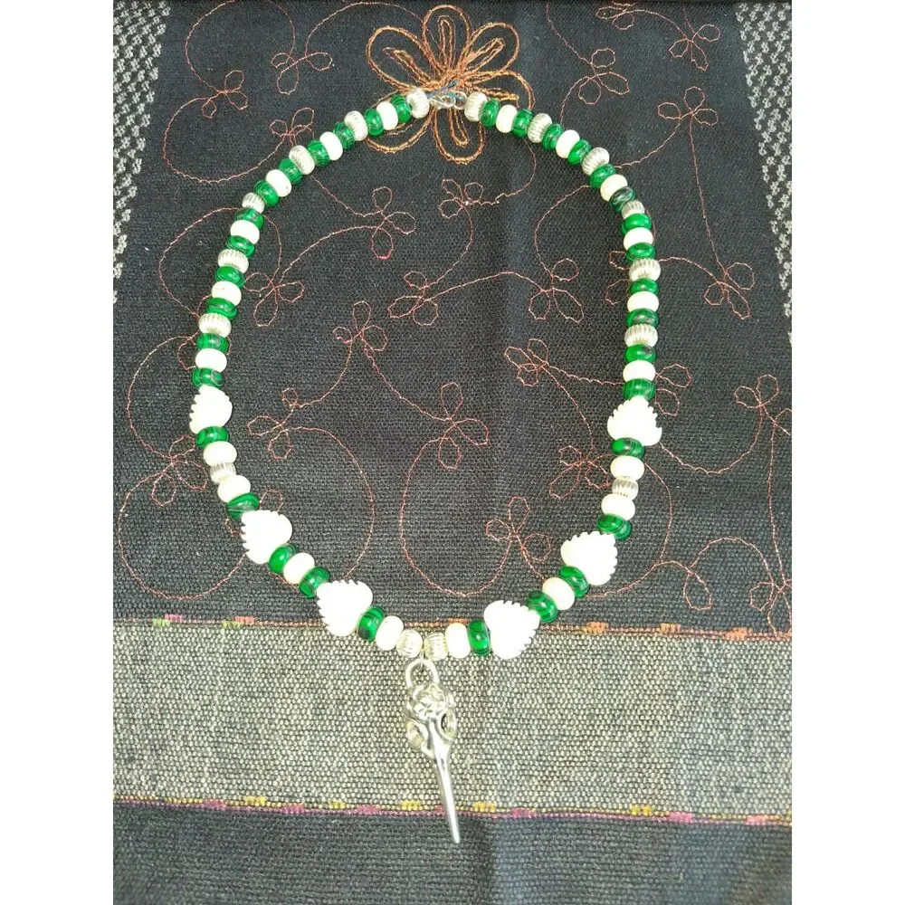 OOAK Handmade Green White Beaded Necklace Bird Skull Plague Doctor Mask Charm
